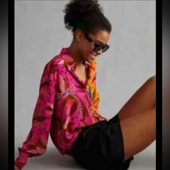 FARM RIO Anthropologie Blouse Top Button Down Banana Pink Orange Tropics Medium - Picture 1 of 12